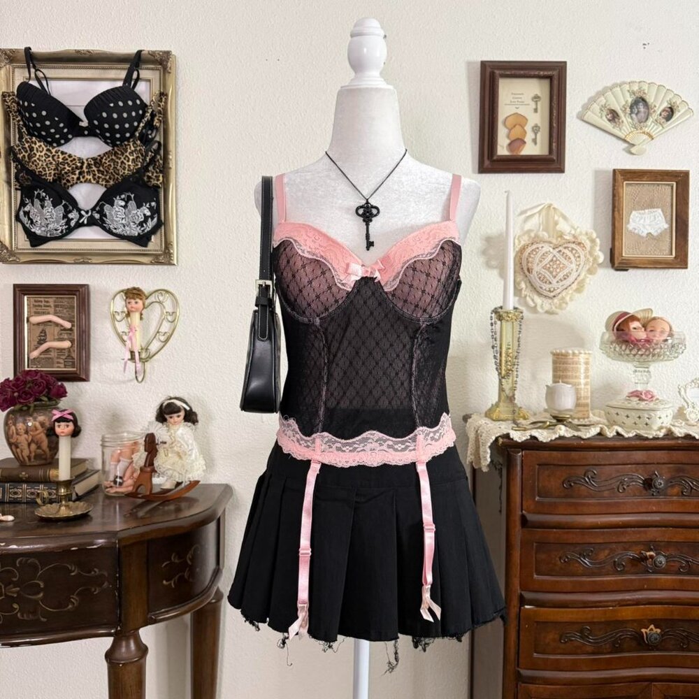 y2k‎ coquette girly grunge pink and black lace corset bustier top